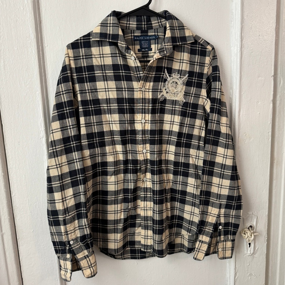 Ralph Lauren Cotton Wool Plaid Slim Fit Shirt Beaded Crest Brown Preppy Academia - Picture 9 of 11